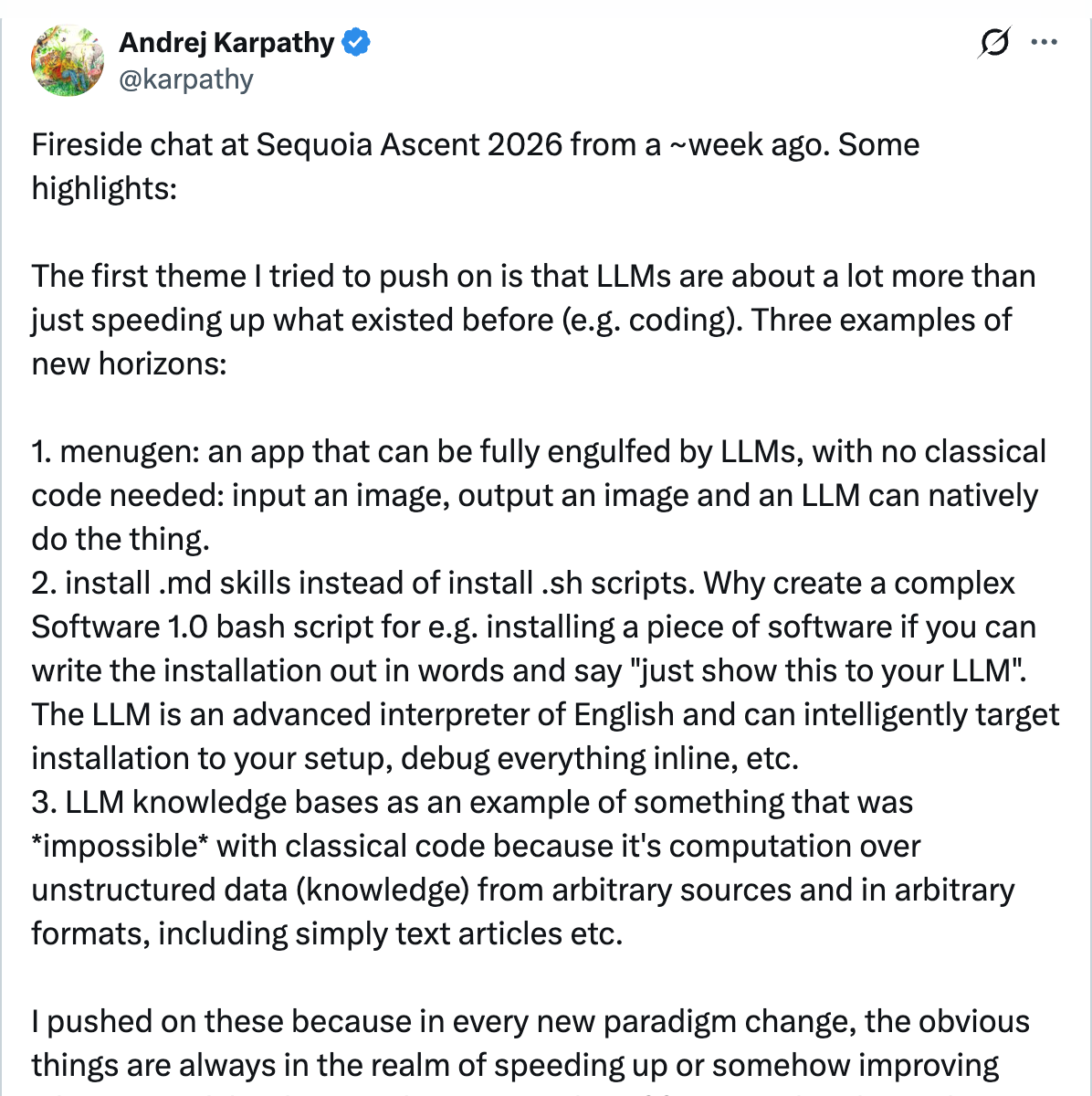 Andrej Karpathy on X — Fireside chat at Sequoia Ascent 2026 discussing agentic engineering as the next evolution beyond vibe coding