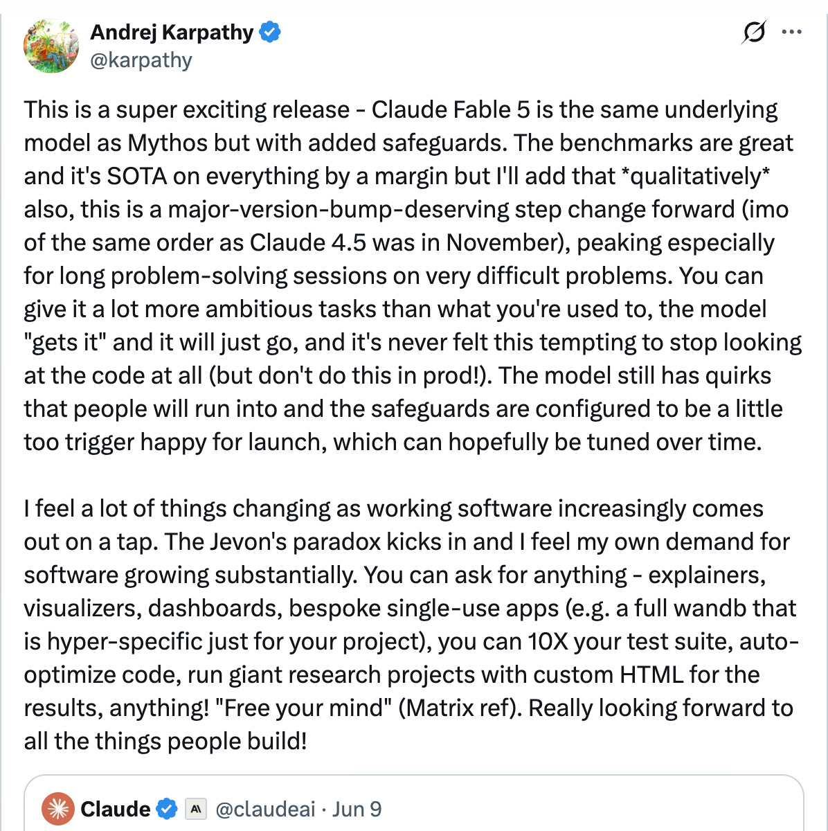 Karpathy tweet: Claude Fable 5 is SOTA on everything by a margin — qualitatively a major-version-bump step change forward