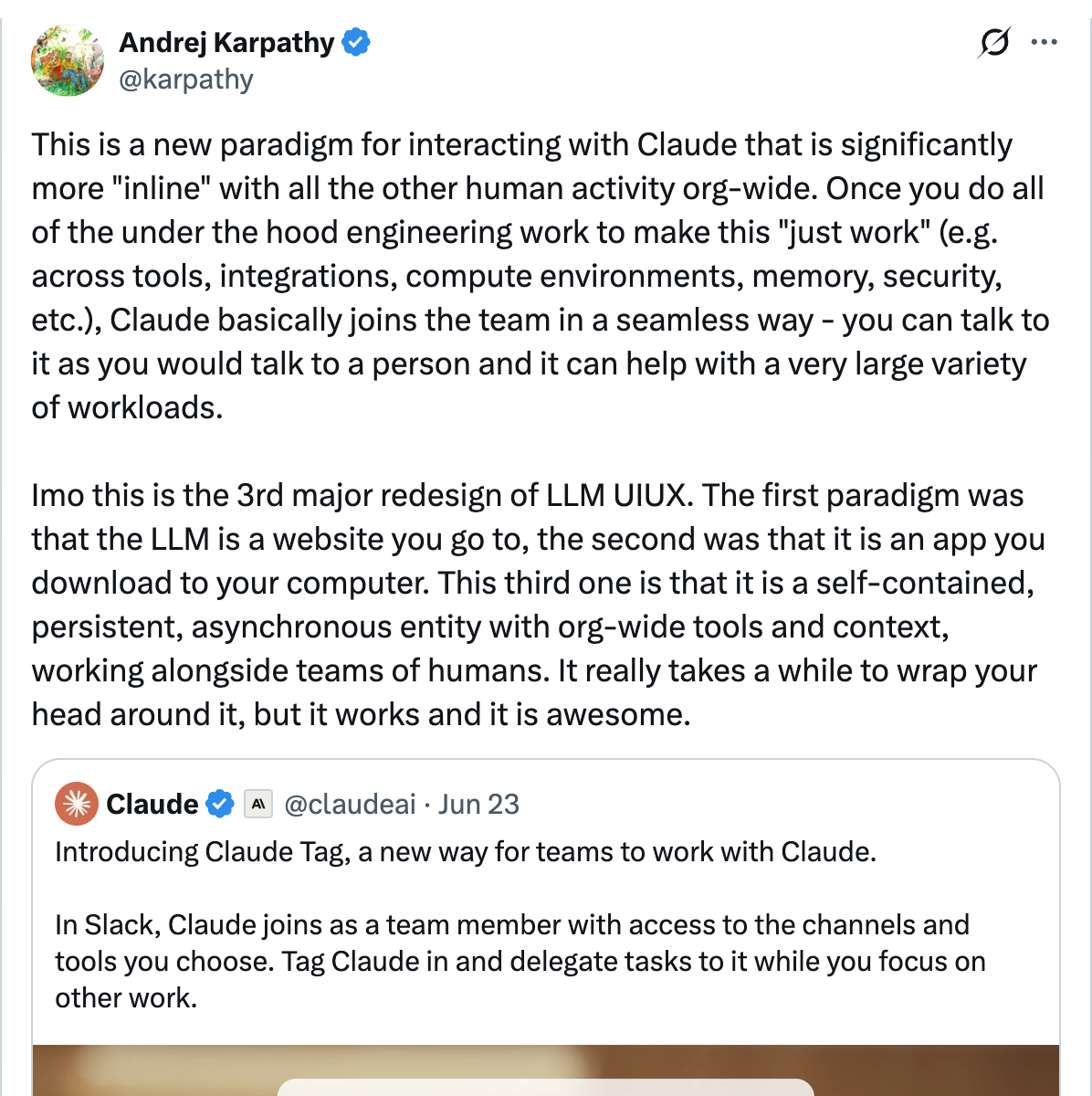 Andrej Karpathy on X discussing the new inline paradigm for Claude interactions — the harness engineering is what makes the agent smart