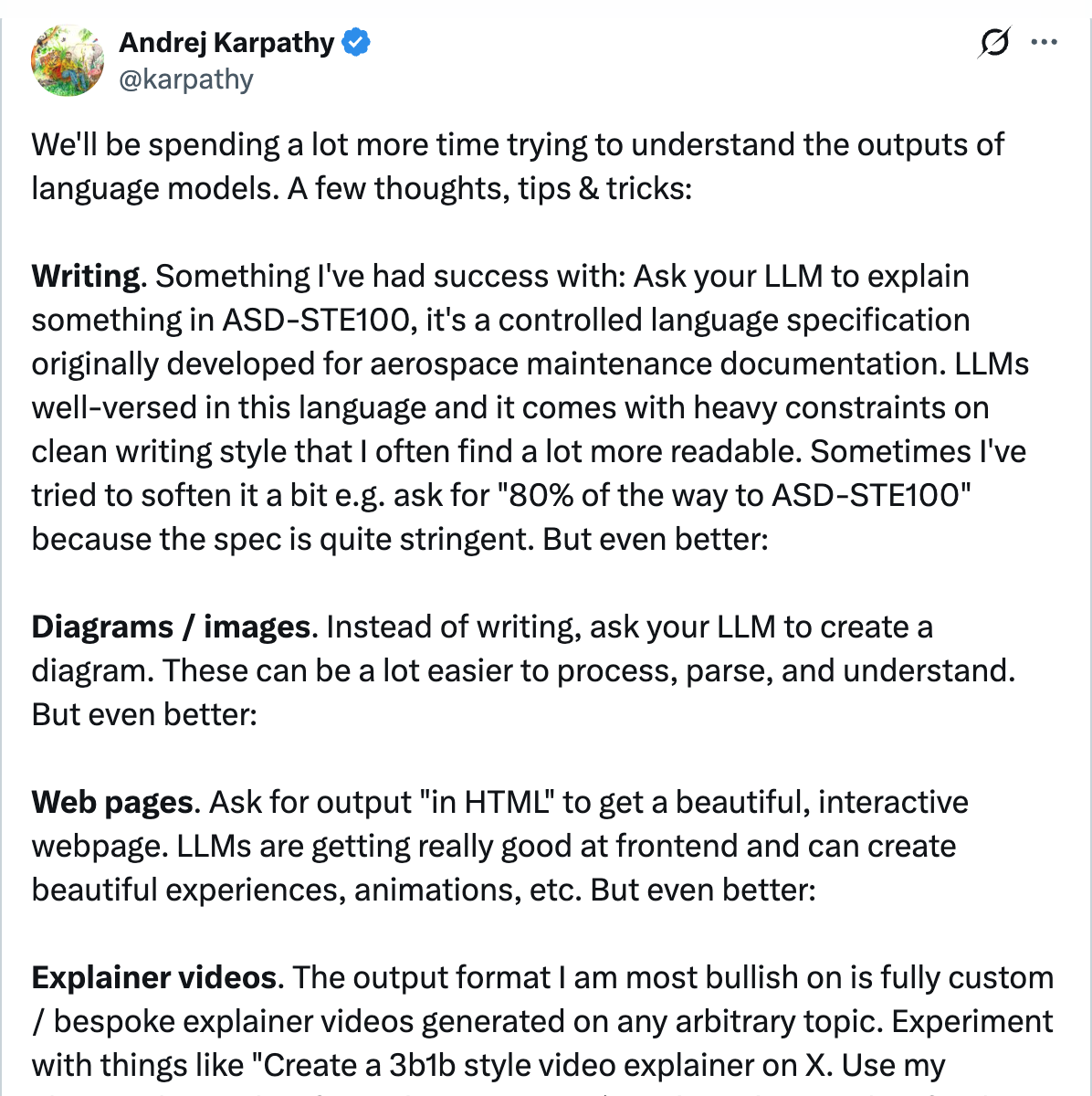 @karpathy tweet — We will be spending a lot more time trying to understand the outputs of language models, with 55k likes and 7.9k retweets
