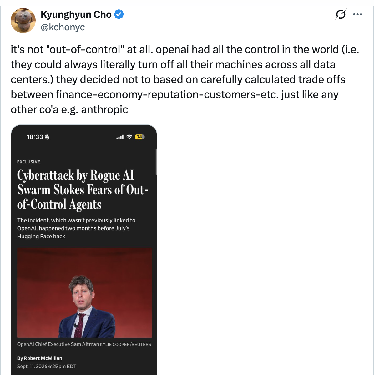 KC Nygaard on X — pushes back on out-of-control AI framing: OpenAI had all the control in the world — 476 likes