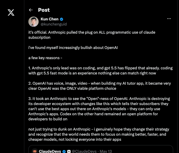 Kun Chen tweet: Anthropic pulled the plug on ALL programmatic use of Claude subscription