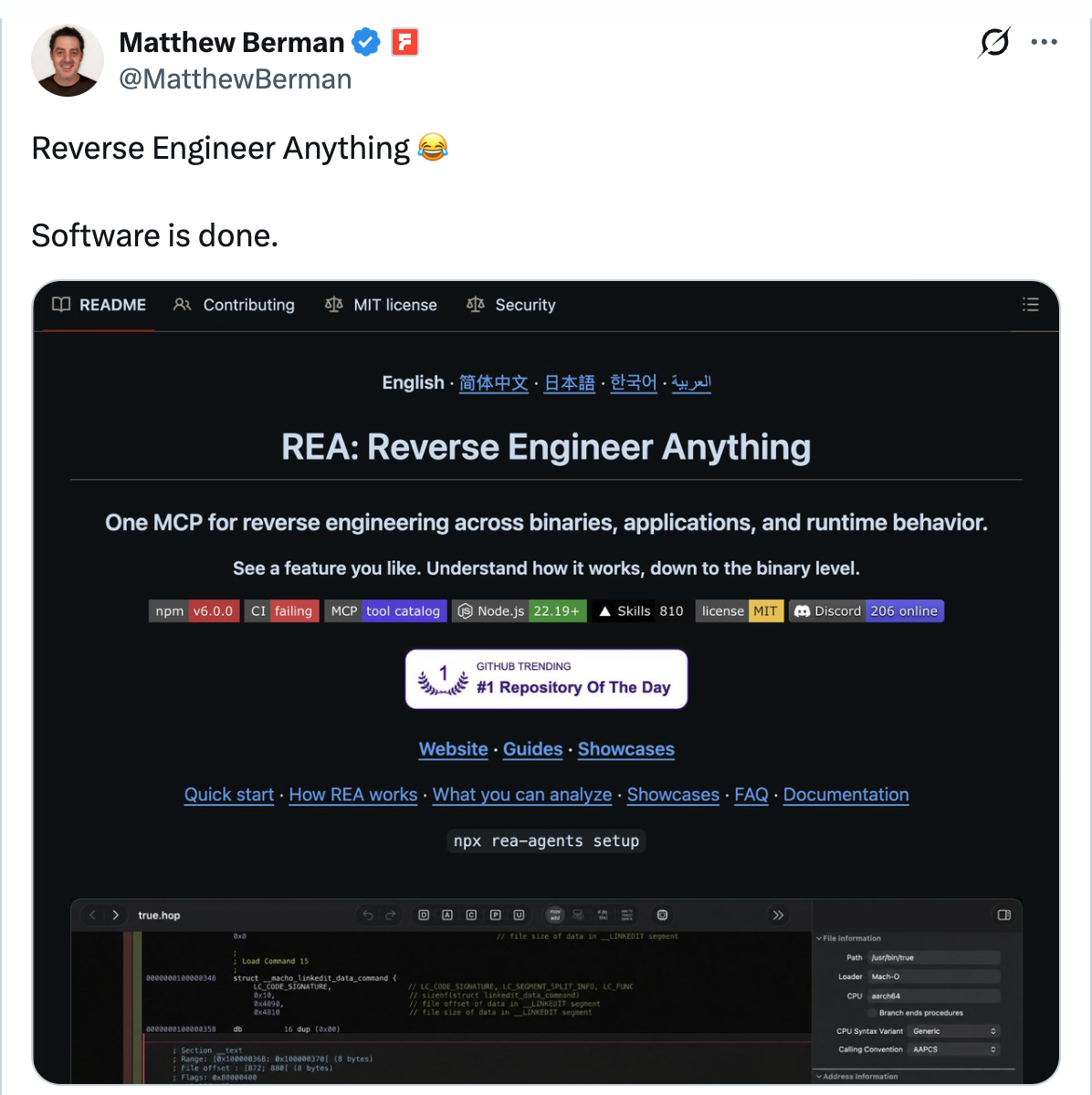 Matthew Berman on X — 'Software is done' reaction to REA reverse engineering agent trending on GitHub