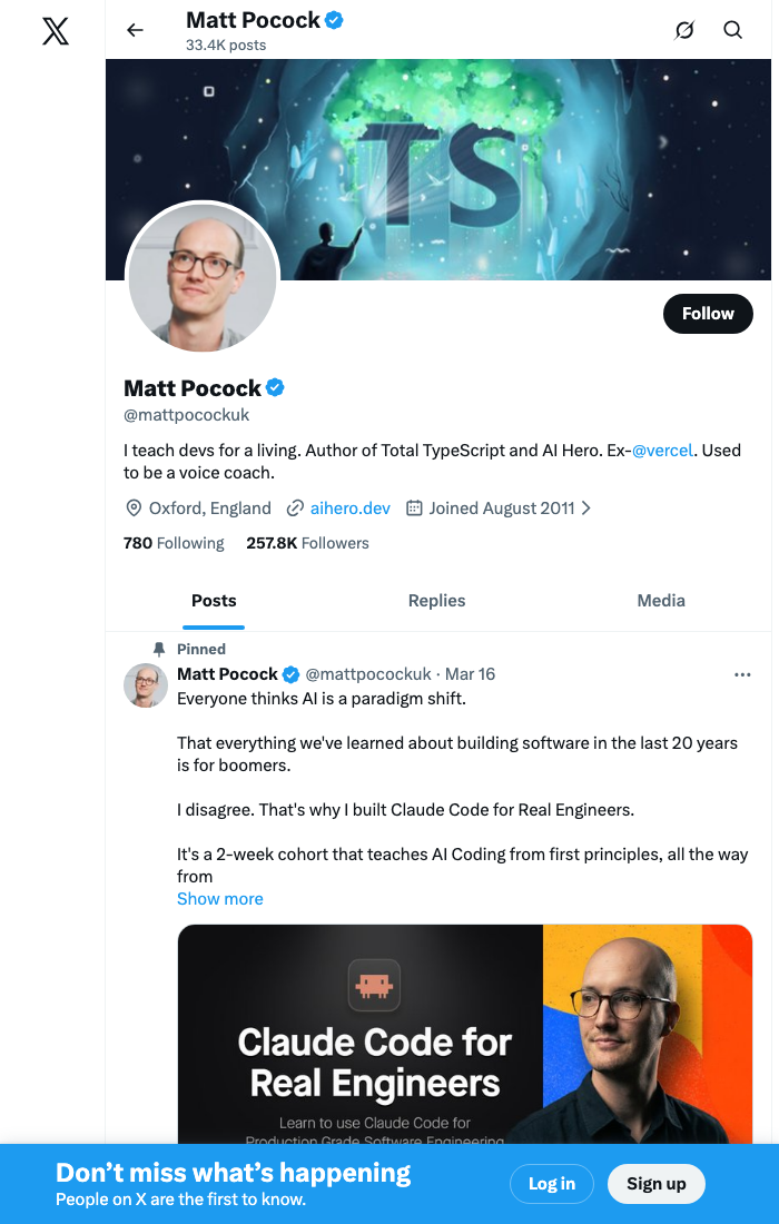 X/Twitter post by @mattpocockuk (Matt Pocock) — 'Everyone thinks AI is a paradigm shift…' followed by Claude Code for Real Engineers content; 1.85K followers, 357K followers
