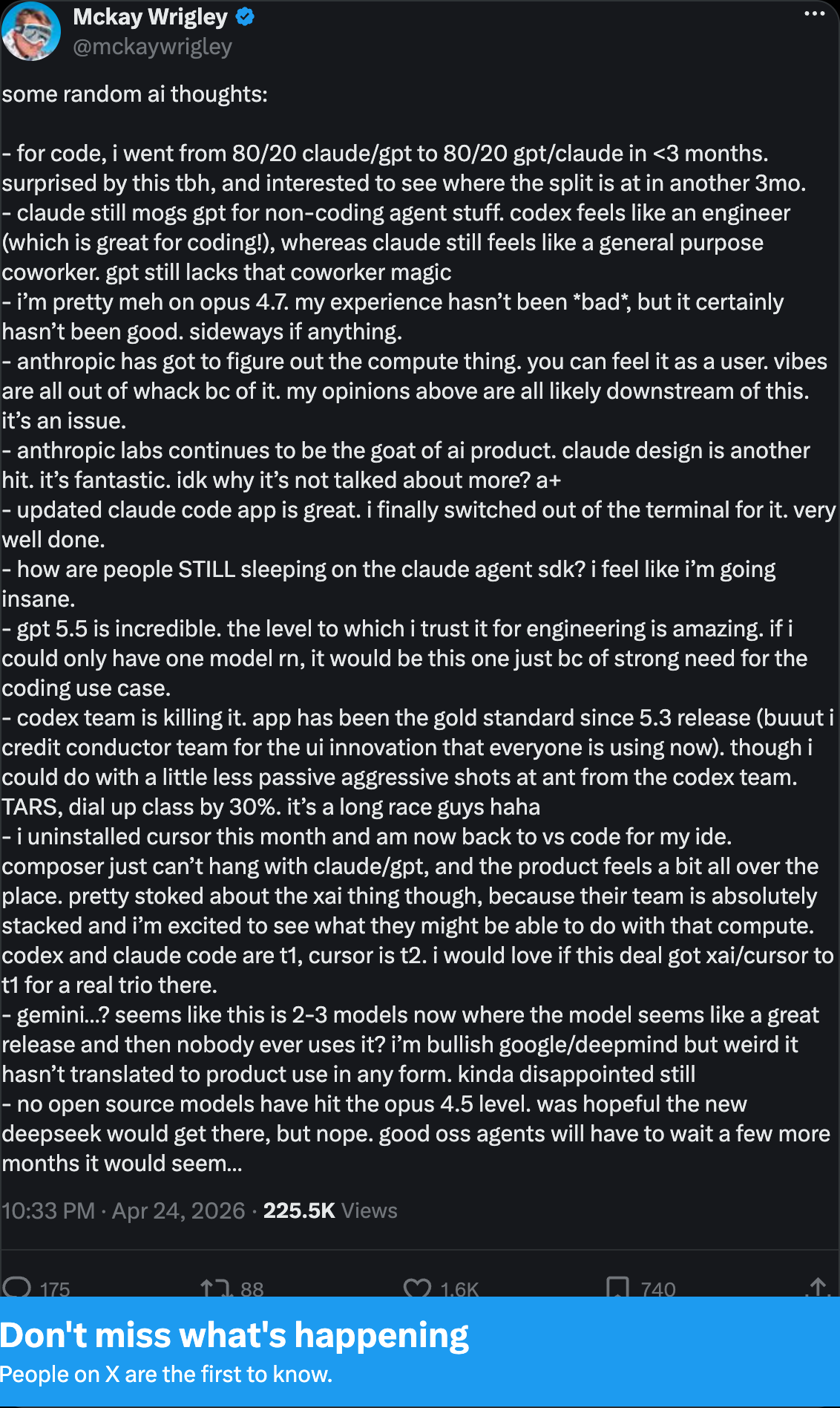 @mckaywrigley — for code, I went from 80/20 claude/gpt to 80/20 gpt/claude in less than 3 months