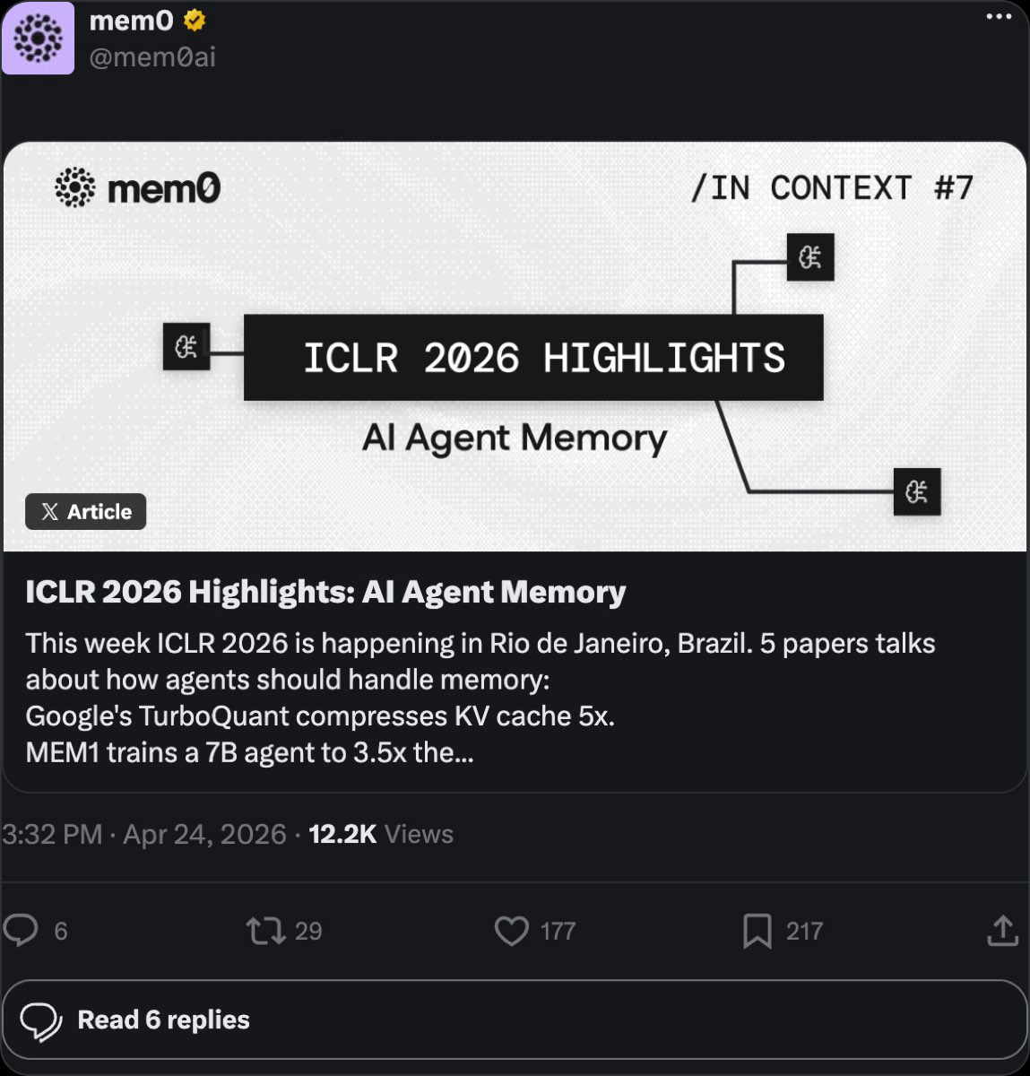 mem0 on X — ICLR 2026 Highlights on AI Agent Memory, 5 papers on how agents should handle memory including TurboQuant KV cache 5x compression