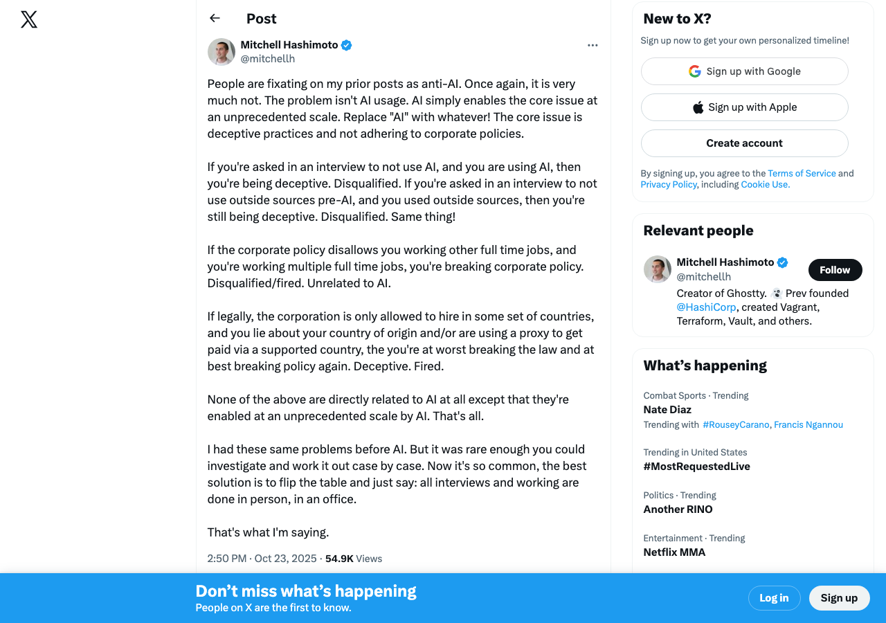 X post by Mitchell Hashimoto clarifying he is not anti-AI and that the actual problem is deceptive practices and not adhering to corporate policies, which AI simply amplifies at scale