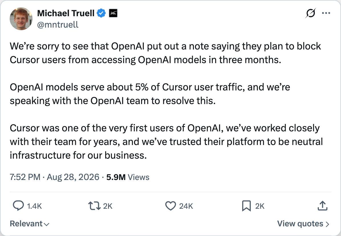 @mntruell on X — We're sorry to see that OpenAI put out a note saying they plan to block Cursor users from accessing OpenAI models. OpenAI models serve about 5% of Cursor user traffic.
