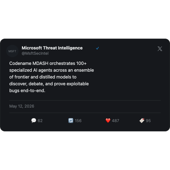 Microsoft Threat Intelligence on X — Codename MDASH orchestrates 100+ specialized AI agents across an ensemble of frontier and distilled models to discover, debate, and prove exploitable bugs end-to-end