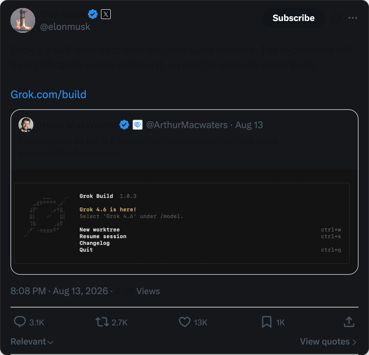 Elon Musk on X — Grok 4.6 will work best with the Grok Build harness, the experience will be significantly worse without it