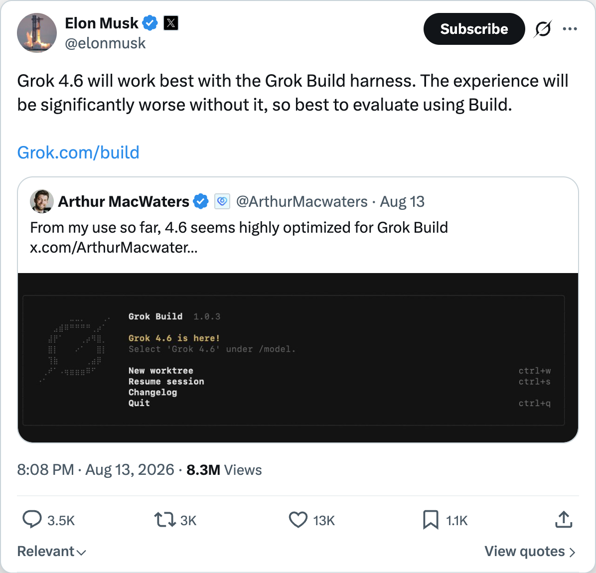 Elon Musk on X — Grok 4.6 will work best with the Grok Build harness, the experience will be significantly worse without it