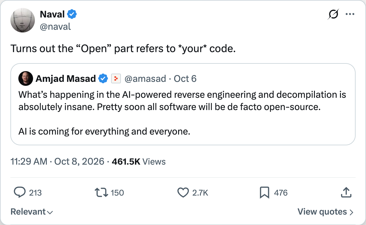 @naval tweet: Turns out the Open part refers to your code.