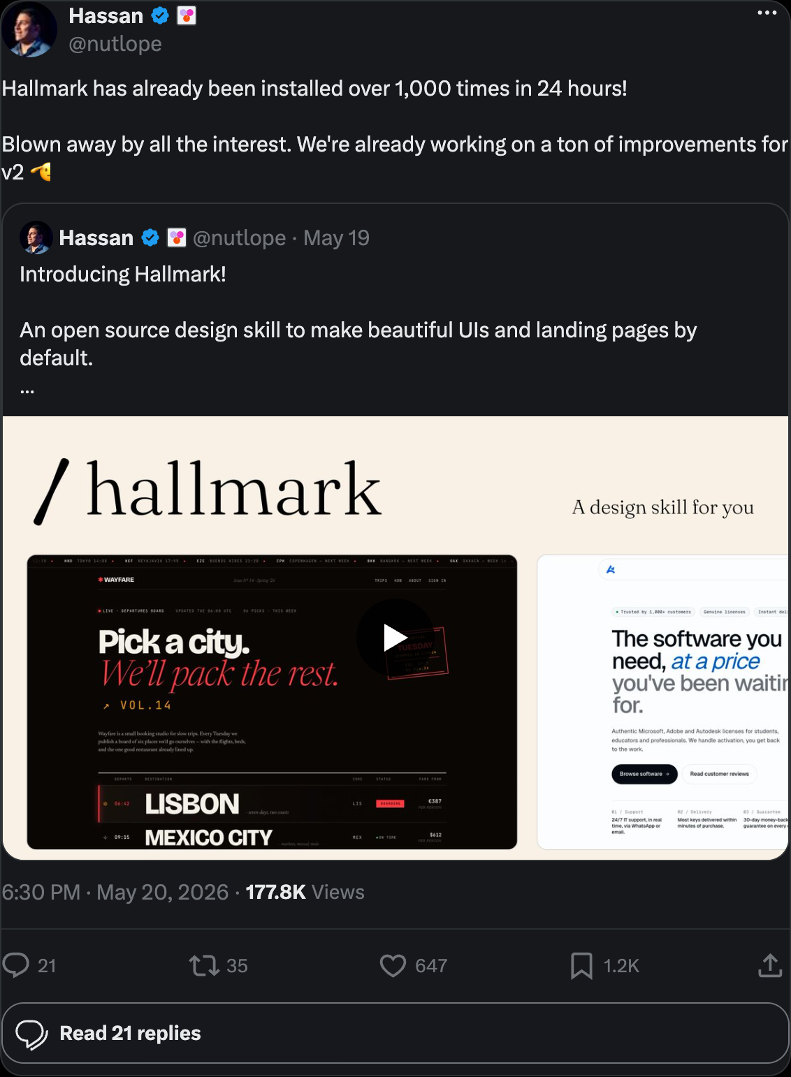 Hassan El Mghari on X -- Hallmark has already been installed over 1000 times in 24 hours, blown away by all the interest, already working on improvements for v2