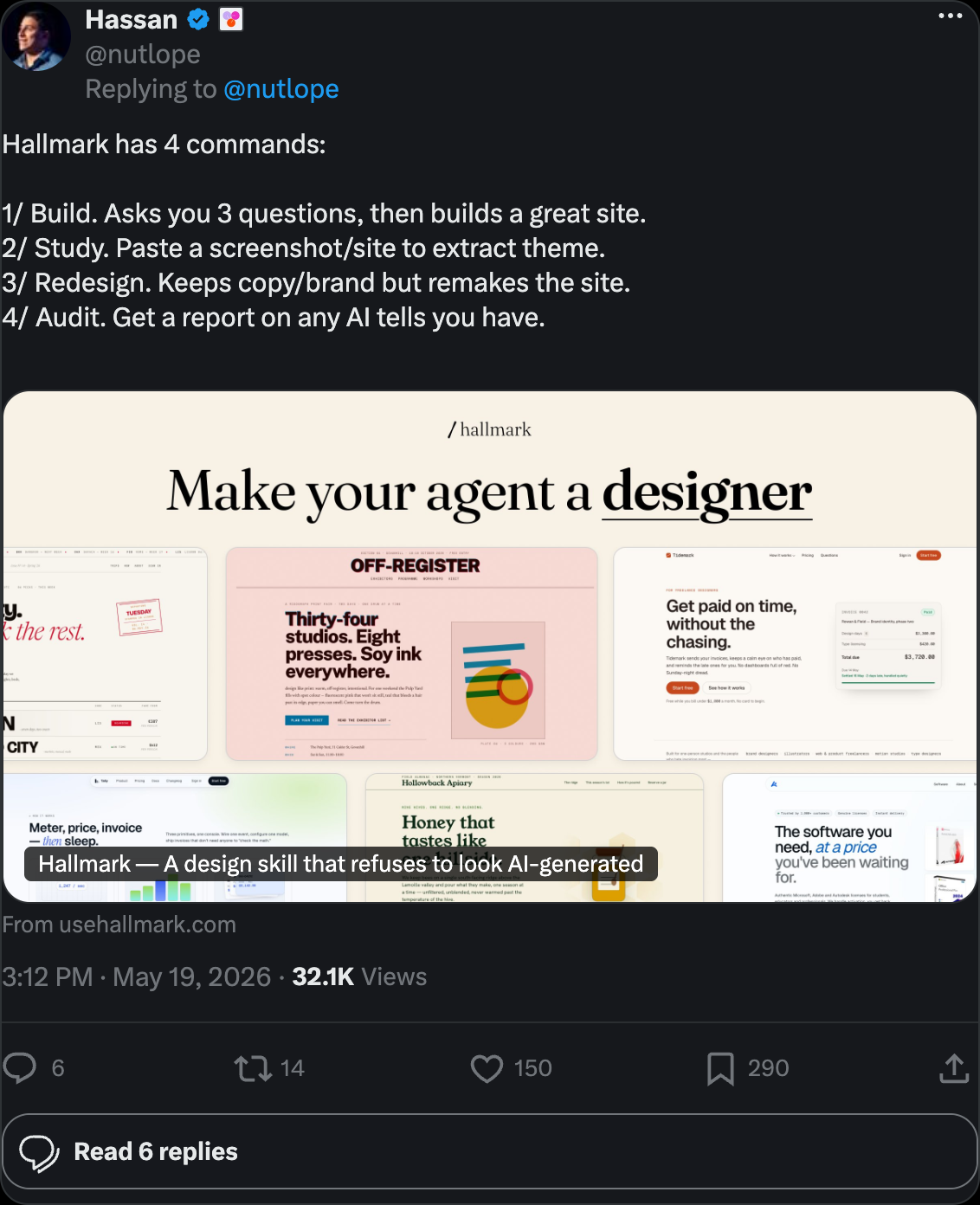 Hassan El Mghari on X explaining Hallmark's 4 commands -- Build asks 3 questions then builds a site, Study extracts theme from screenshot or URL, Redesign keeps copy but remakes the site, Audit gives a report on AI tells