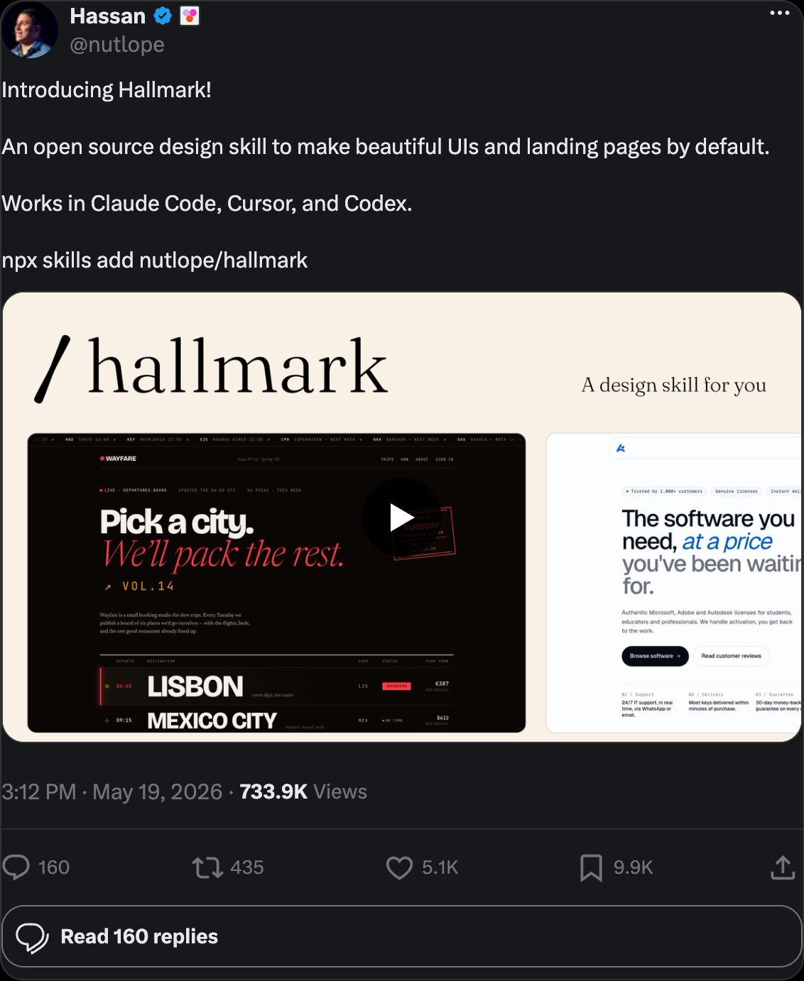 Hassan (@nutlope) on X — Introducing Hallmark, an open source design skill to make beautiful UIs and landing pages by default, works in Claude Code, Cursor, and Codex