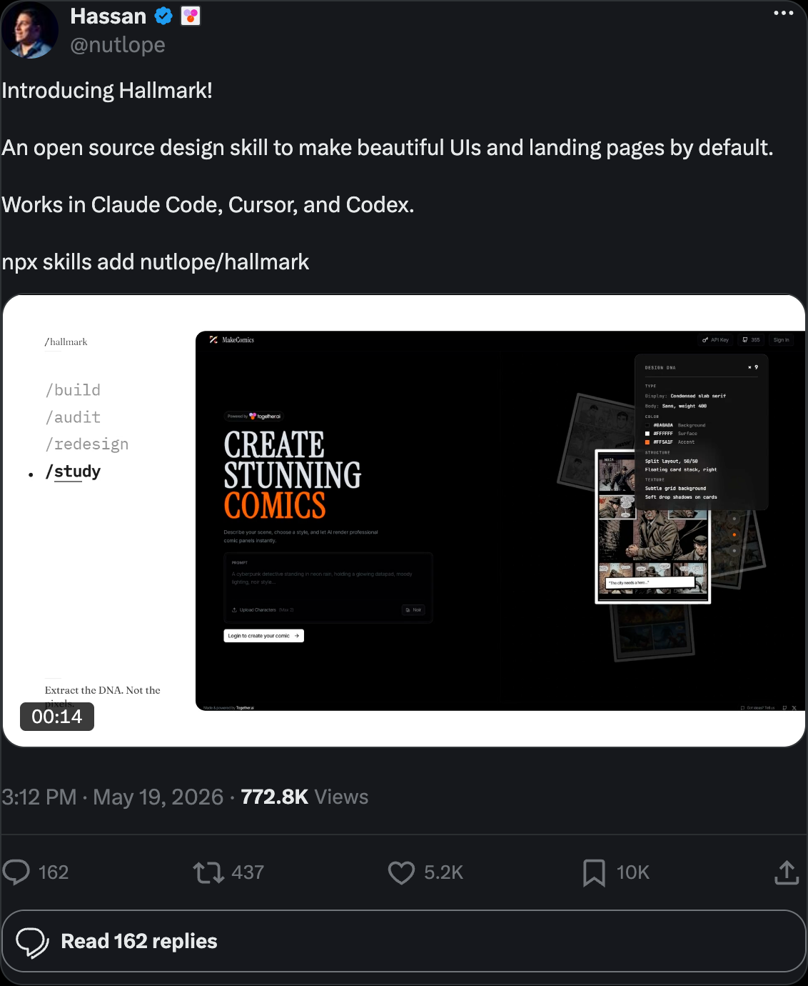 Hassan El Mghari on X announcing Hallmark -- an open source design skill to make beautiful UIs and landing pages by default, works in Claude Code, Cursor, and Codex