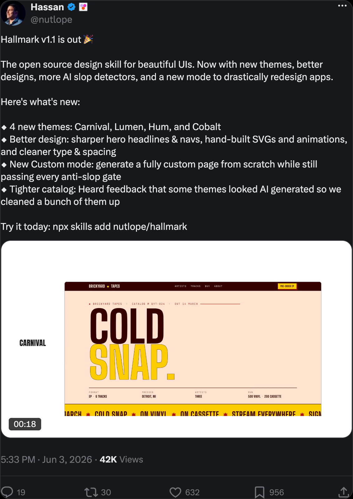 Hassan El Mghari on X announcing Hallmark v1.1 -- 4 new themes Carnival Lumen Hum and Cobalt, better designs, more AI slop detectors, and a new redesign mode