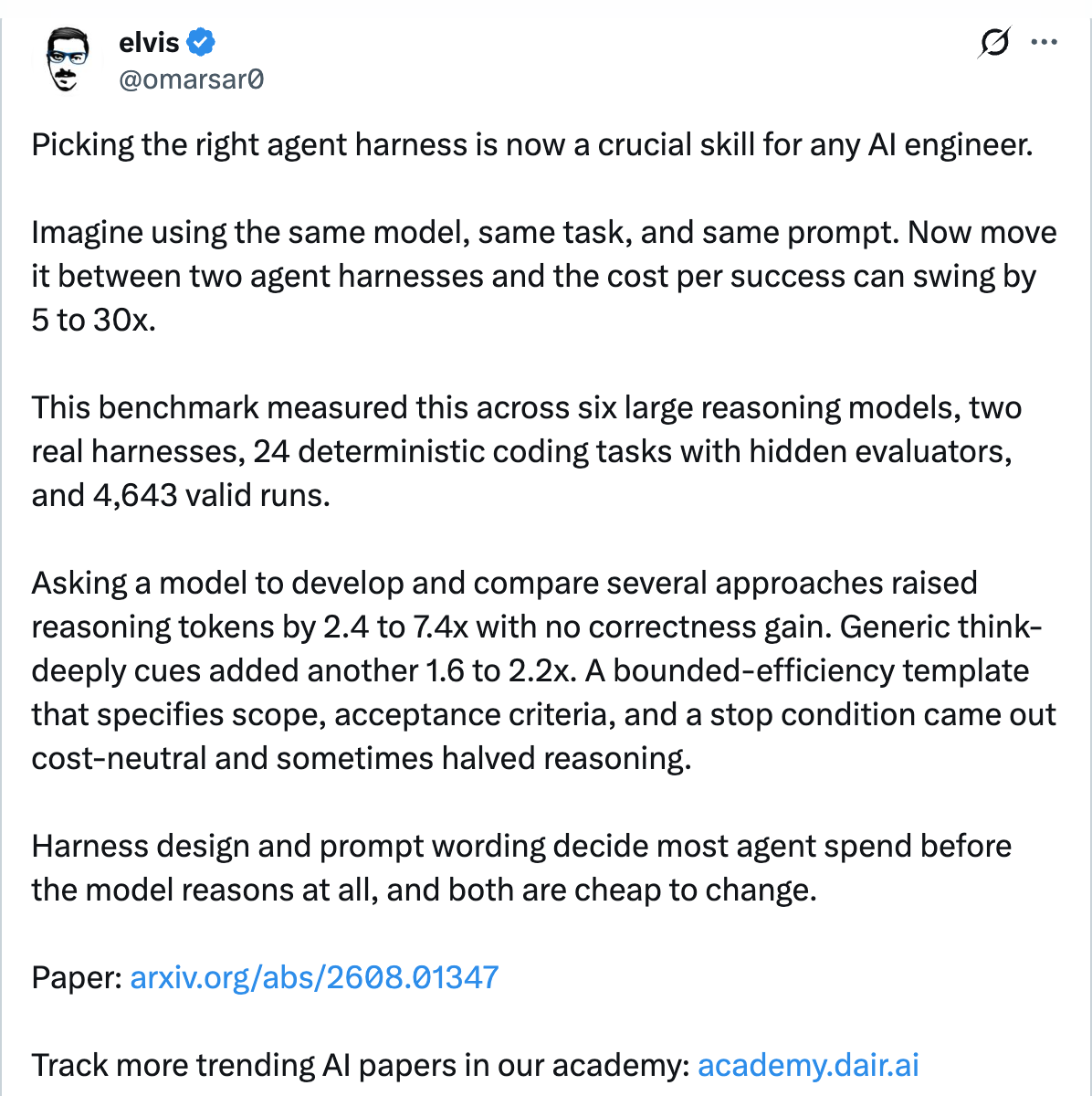 elvis on X — Picking the right agent harness is now a crucial skill for any AI engineer. Same model, same task, same prompt — cost per success can swing by 5 to 30x.