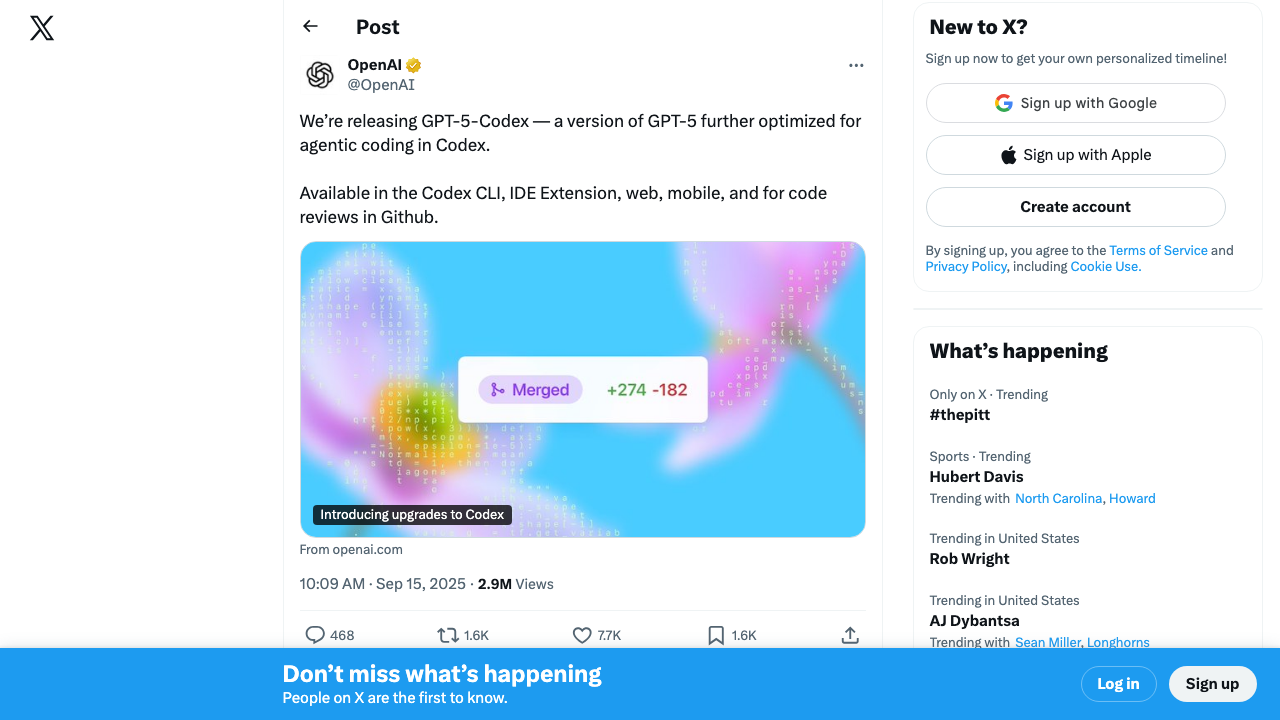 OpenAI announcing GPT-5-Codex — optimized for agentic coding, available across Codex CLI, IDE extensions, web, mobile, and GitHub code reviews