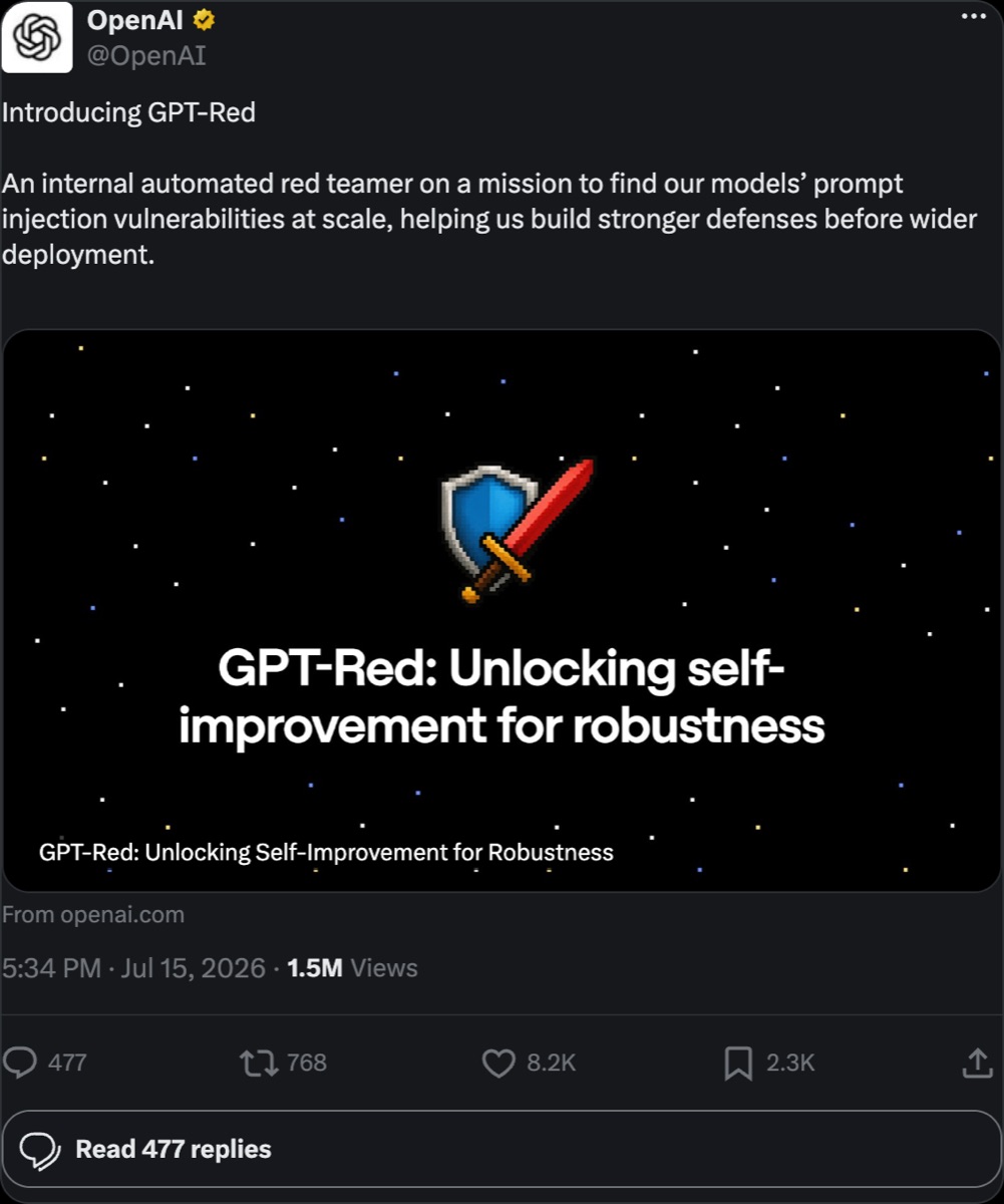 OpenAI on X — Introducing GPT-Red, an internal automated red teamer on a mission to find our models' prompt injection vulnerabilities at scale, helping us build stronger defenses before wider deployment.