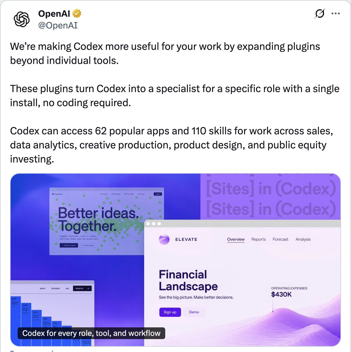OpenAI on X — We're making Codex more useful for your work by expanding plugins beyond individual tools, with 62 popular apps and 110 skills