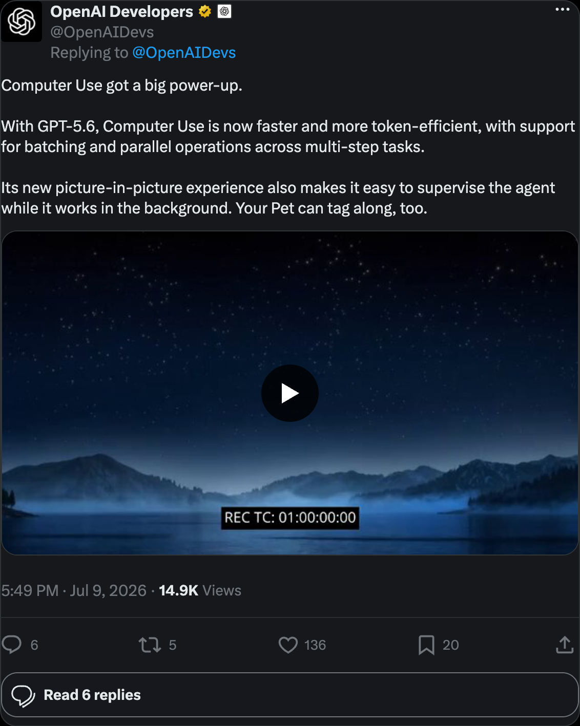 OpenAI Developers on X: Computer Use got a big power-up with GPT-5.6 — faster, more token-efficient, batching support, and new picture-in-picture experience for supervising the agent