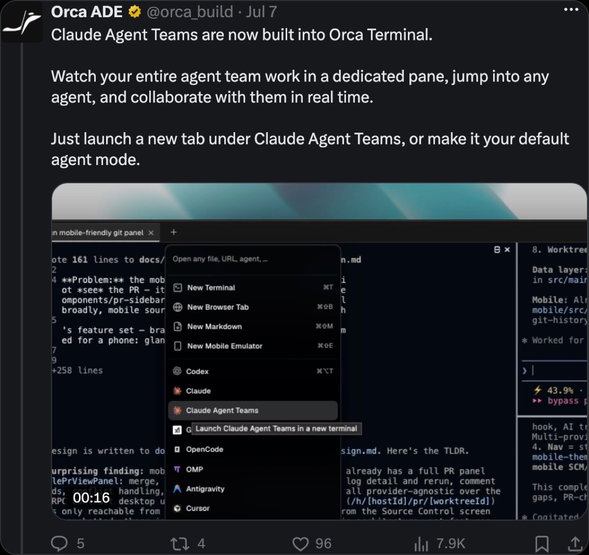Orca ADE official announcement on X — new features for the agent development environment