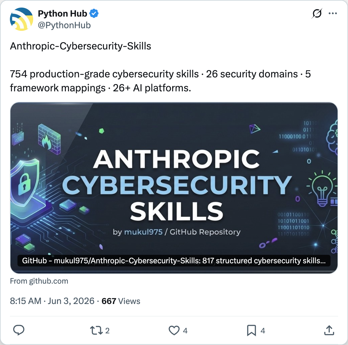 @PythonHub tweet — Anthropic-Cybersecurity-Skills: 754 production-grade cybersecurity skills, 26 security domains, 5 framework mappings, 26+ AI platforms