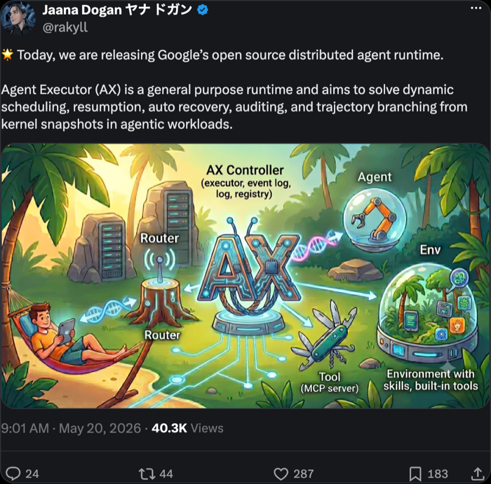@rakyll (Jaana Dogan) announcing Google's open source distributed agent runtime AX — solving dynamic scheduling, resumption, auto recovery, auditing, and trajectory branching