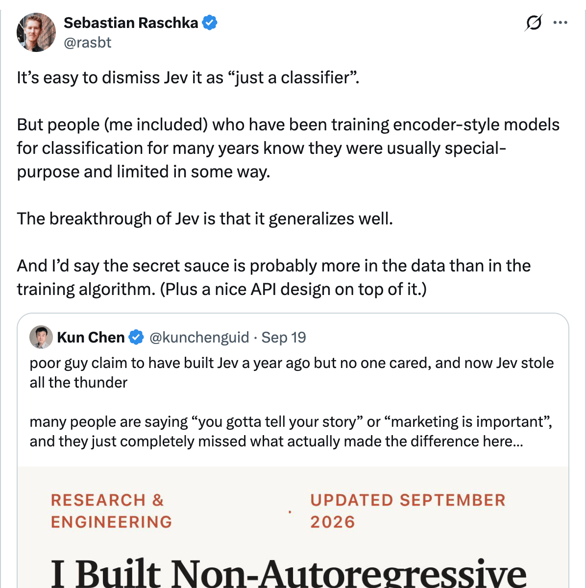 Sebastian Raschka (@rasbt): it's easy to dismiss Jev as just a classifier, but its breakthrough is that it generalizes well, and the secret sauce is probably more in the data than the algorithm