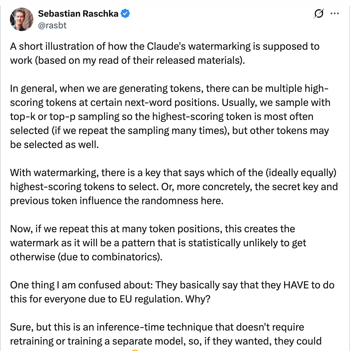 Sebastian Raschka (@rasbt) on X — A short illustration of how Claude's watermarking is supposed to work, 1927 likes, 222K views