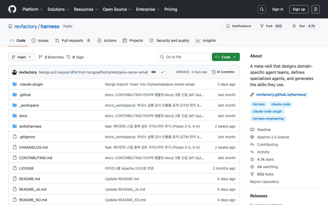 RevFactory Harness GitHub — meta-skill that designs domain-specific agent teams with six architecture patterns, gaining 318 stars per day