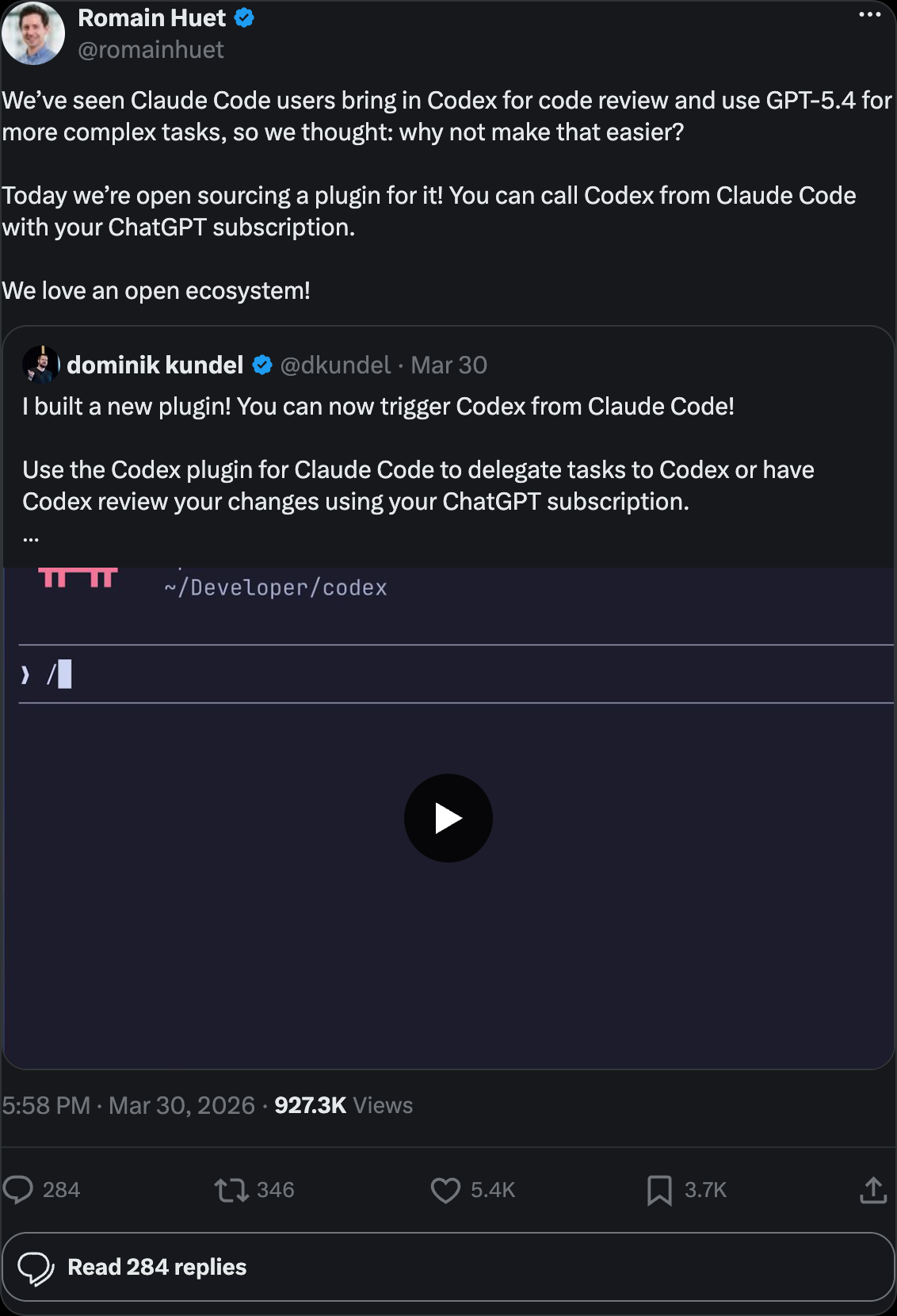 @romainhuet (OpenAI) — We've seen Claude Code users bring in Codex for code review, so we open sourced a plugin for it