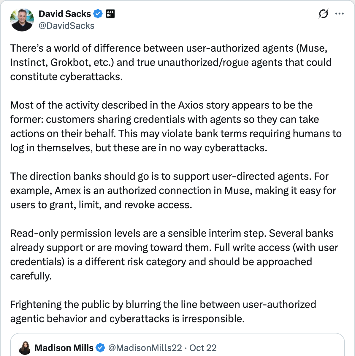 David Sacks (@DavidSacks) — 'There's a world of difference between user-authorized agents and true unauthorized/rogue agents that could constitute cyberattacks.' — 5,829 likes, 364K views