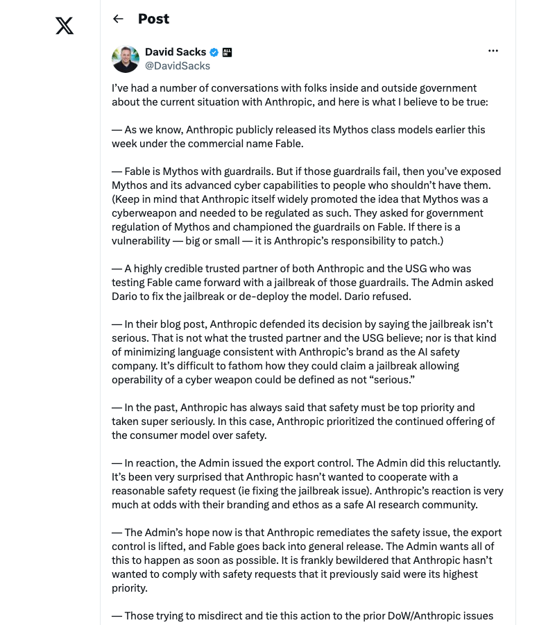 David Sacks tweet about conversations with government officials regarding Anthropic