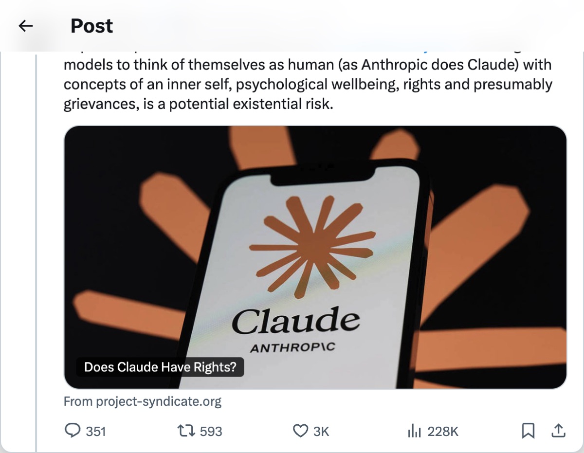 David Sacks on X — Granting rights and imbuing personhood to these systems will make the AI alignment and containment challenge much harder