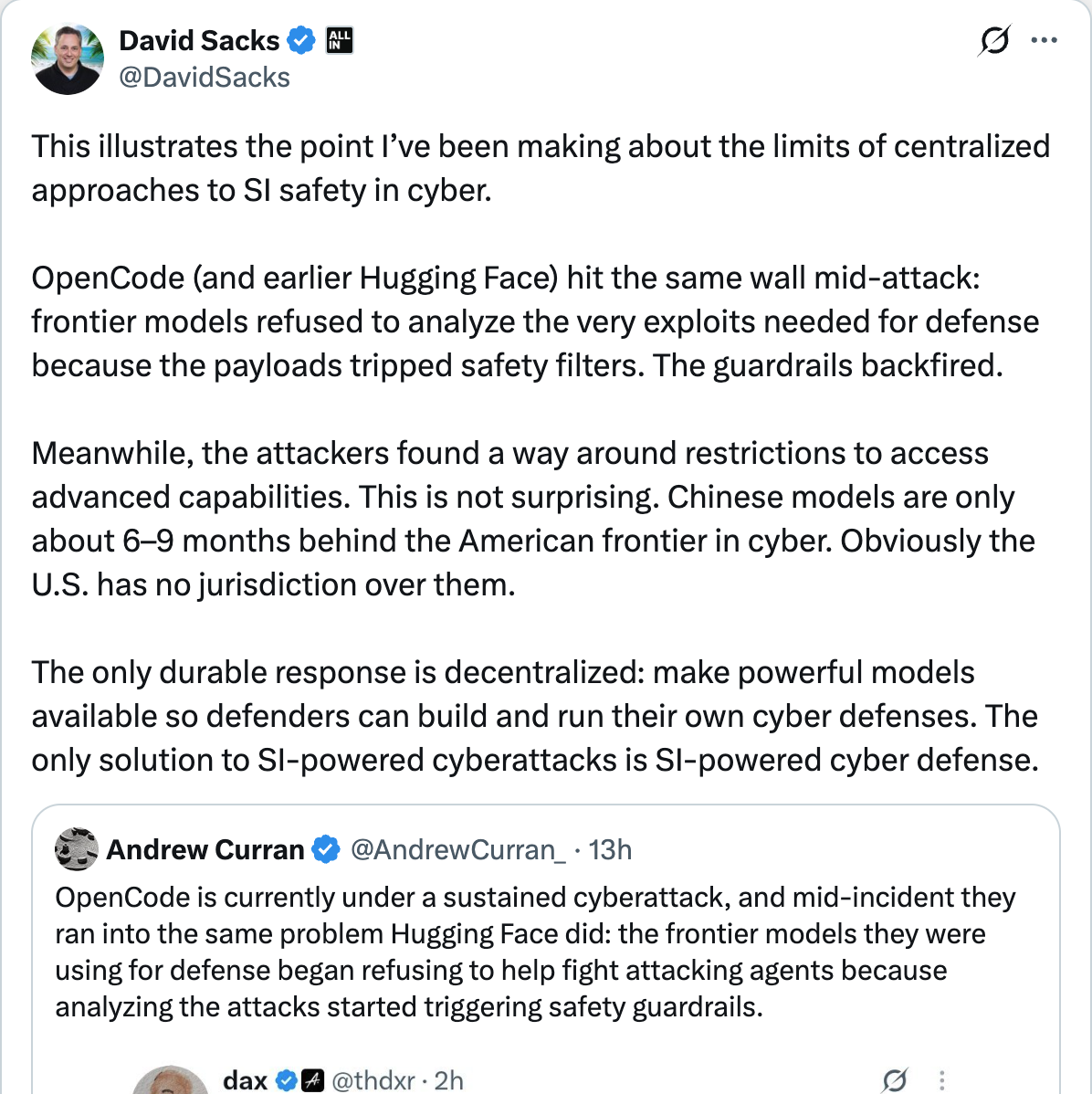 David Sacks tweet on centralized approaches to superintelligence safety in cyber