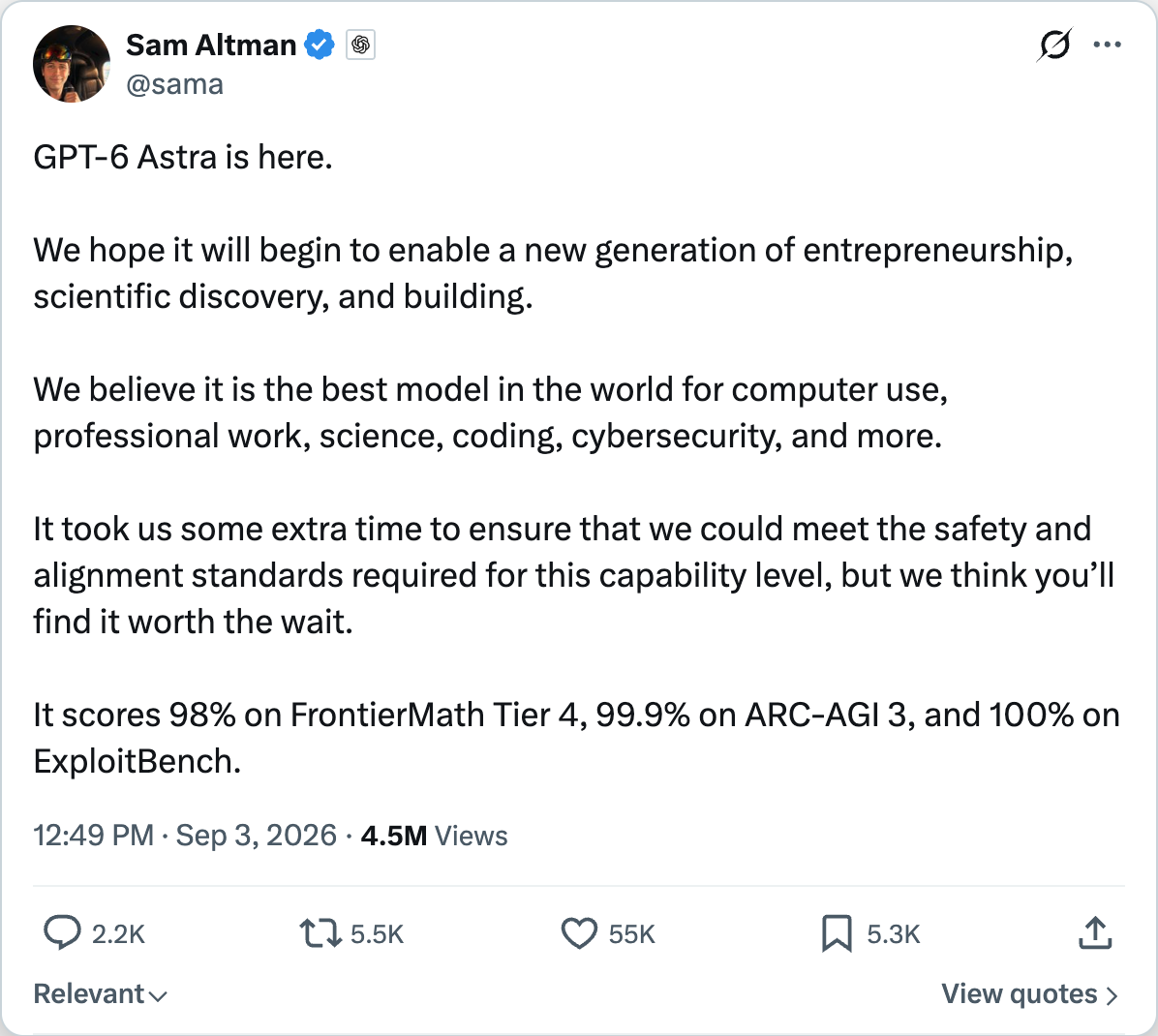 Sam Altman on X — GPT-6 Astra is here, best model in the world for computer use, professional work, science, coding, cybersecurity