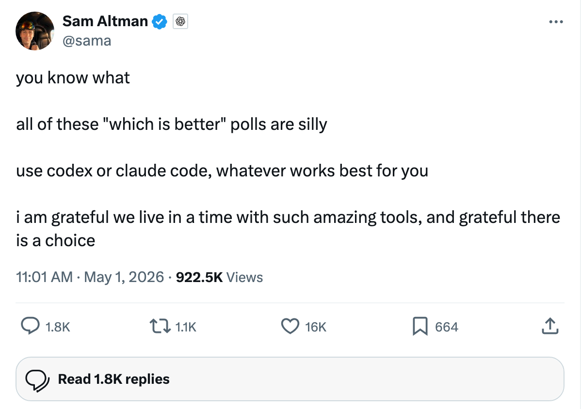 Sam Altman: 'use codex or claude code, whatever works best for you'