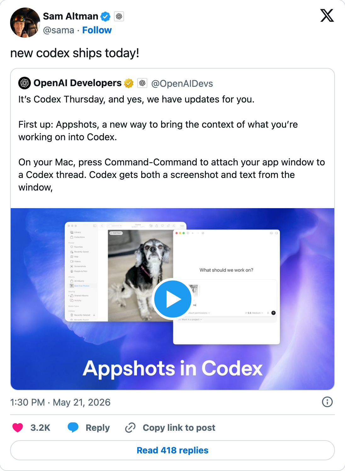 sama announces four Codex updates — long-running goals, shareable team plugins, Appshots, Cisco case study