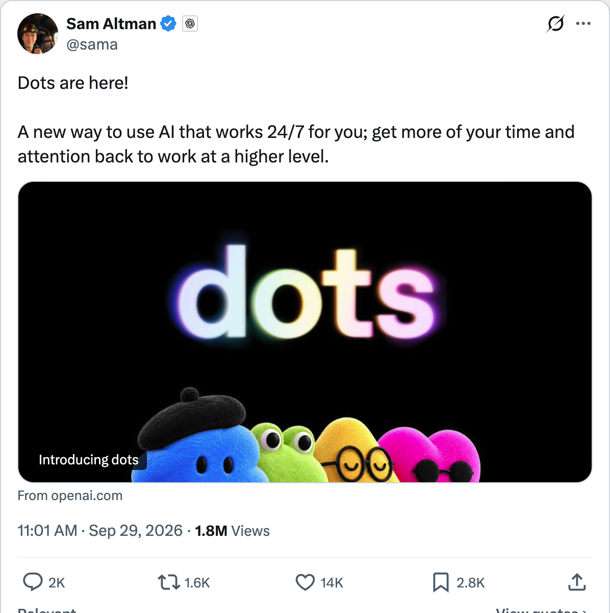 Sam Altman announcing Dots on X — a new way to use AI that works 24/7 for you, 14K likes