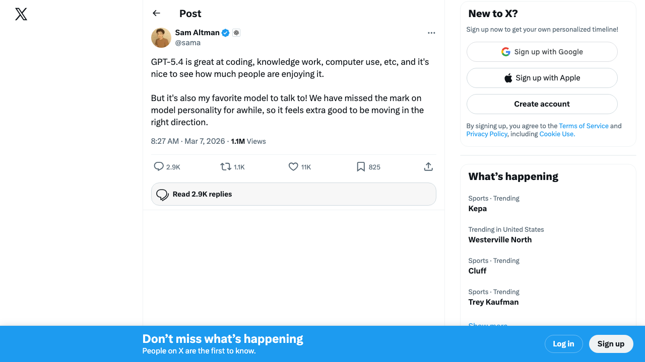 Sam Altman announcing GPT-5.4 launch with native computer use capabilities