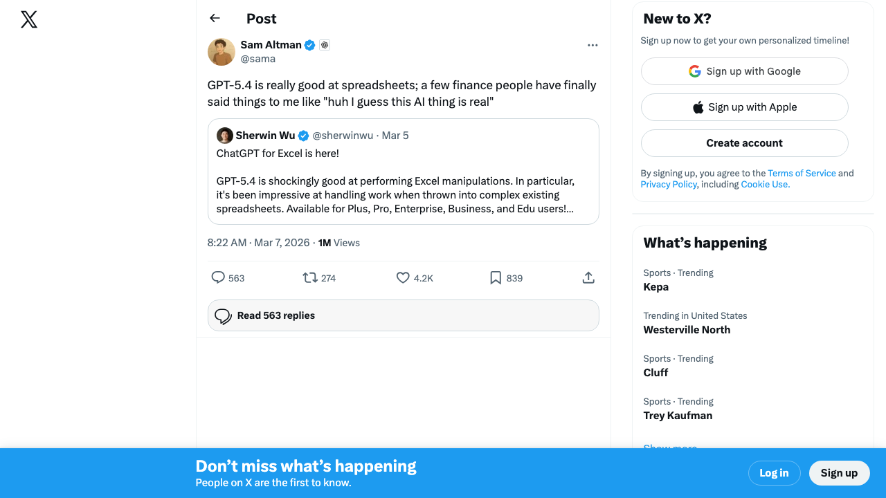 Sam Altman on GPT-5.4's spreadsheet capabilities — "a few finance people have finally said things to me like 'huh I guess this AI thing is real'"