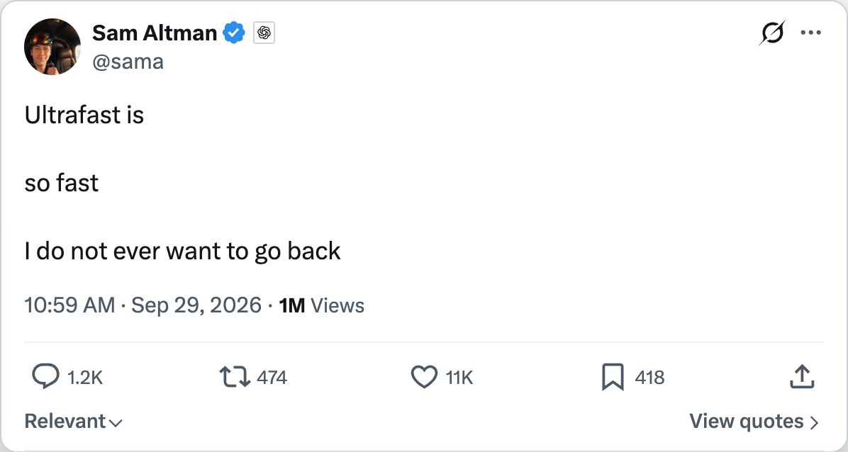Sam Altman — Ultrafast is so fast I do not ever want to go back, 10.9K likes