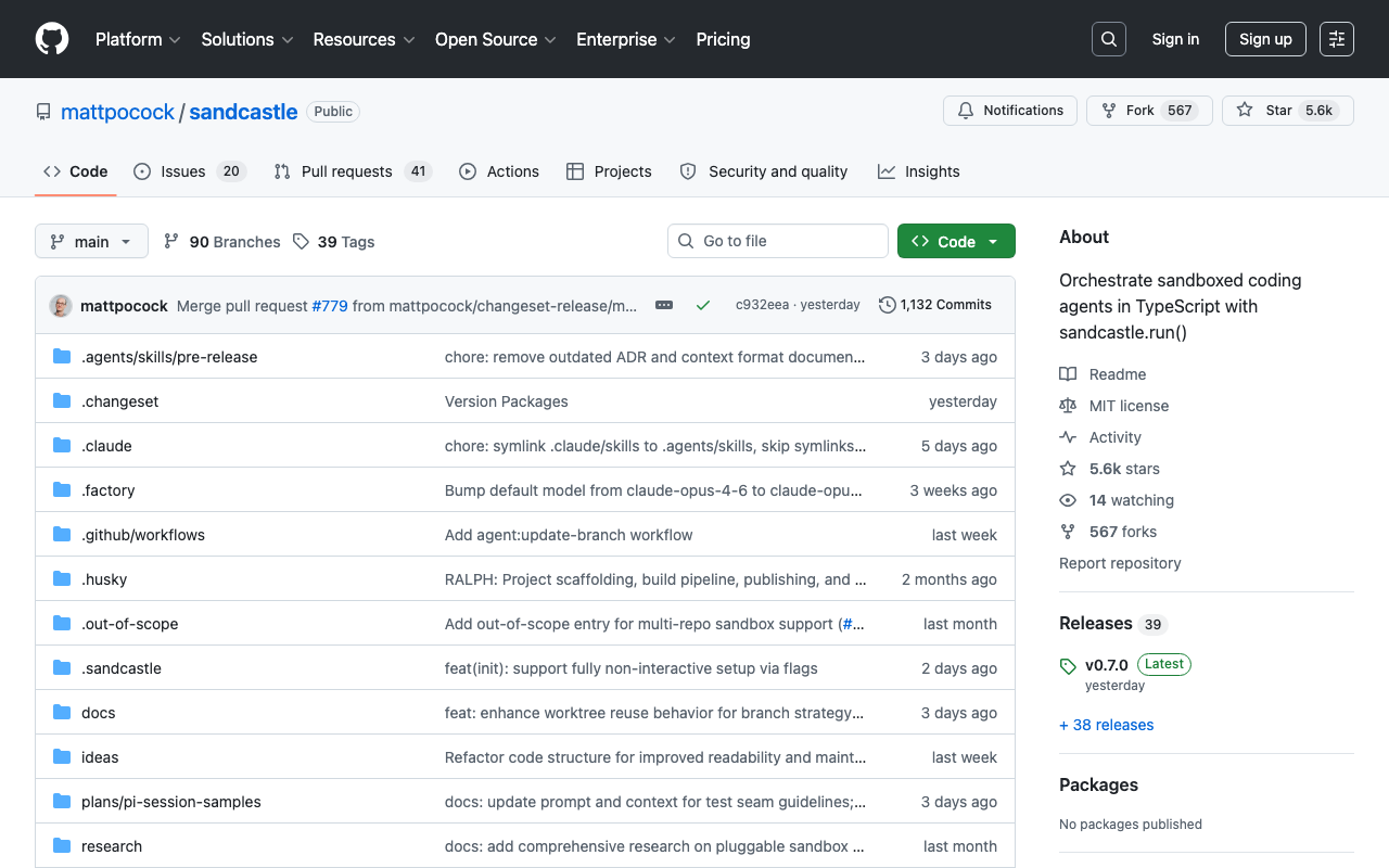 Sandcastle GitHub repository by Matt Pocock — orchestrate sandboxed coding agents in TypeScript with Docker isolation