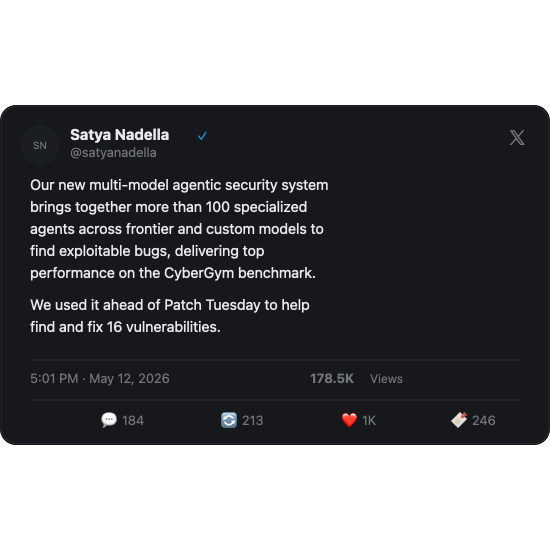 Satya Nadella on X announcing MDASH — 100+ specialized agents finding exploitable bugs, top CyberGym performance, 178K views
