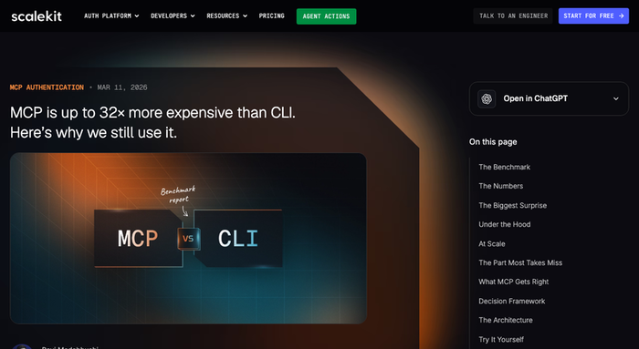 Scalekit MCP vs CLI benchmarks — 32x token cost, 17x monthly cost, 72% reliability vs 100%