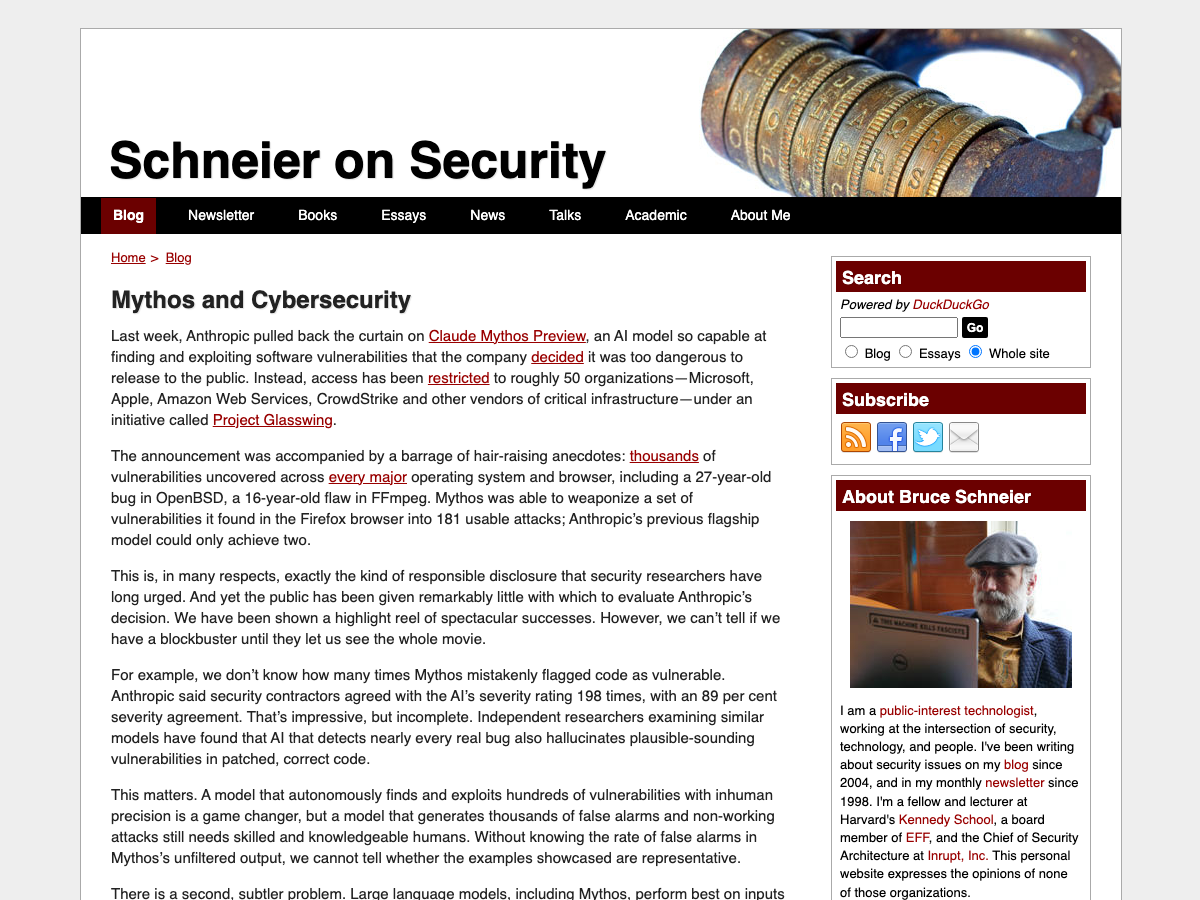 Schneier on Security — Mythos and Cybersecurity: Bruce Schneier's analysis of Project Glasswing governance