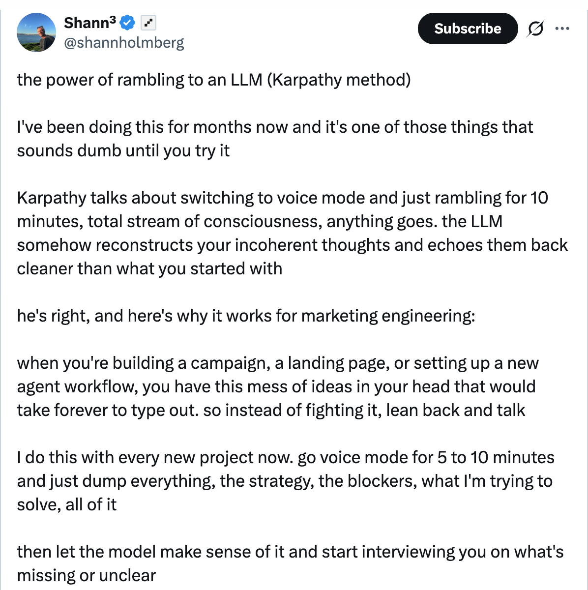 Shann Holmberg on X — the power of rambling to an LLM, Karpathy method, I've been doing this for months