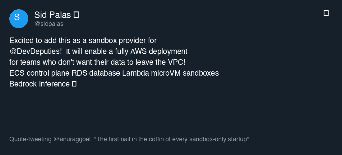 Sid Palas on X — fully AWS agent deployment stack with ECS control plane, RDS database, Lambda microVM sandboxes, and Bedrock Inference